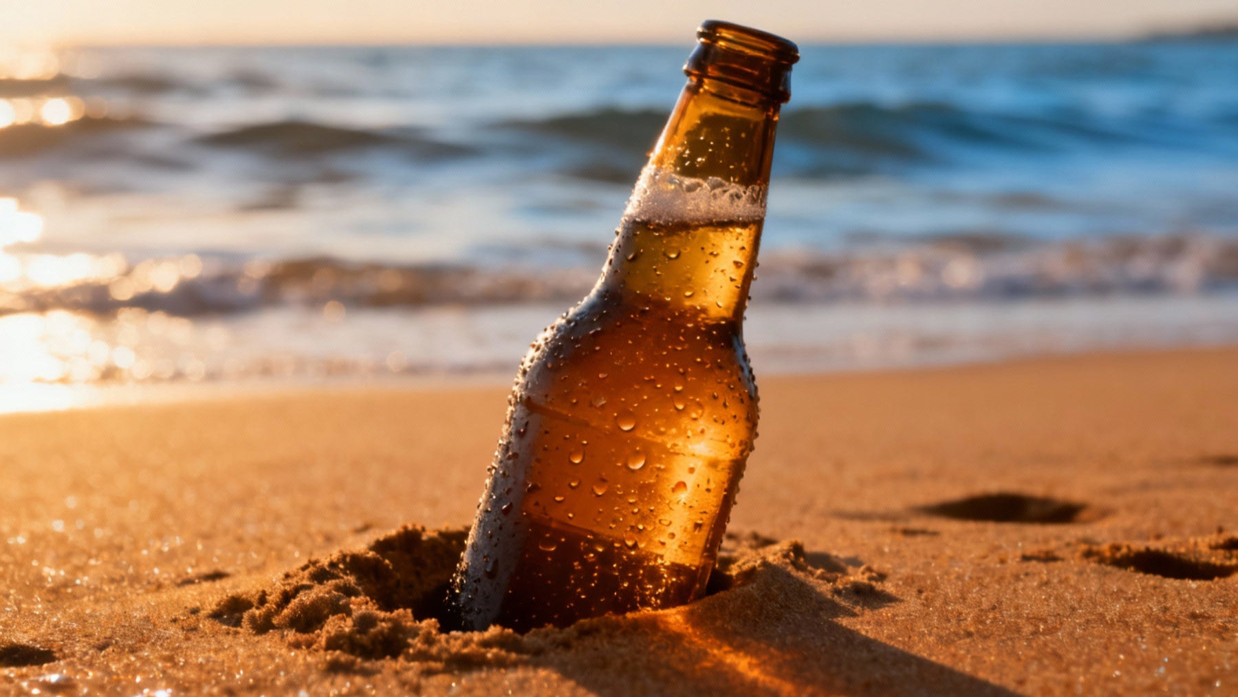 Beer bottle in the sand with ocean waves in the background